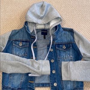 Denim jacket with hoodie sweatshirt